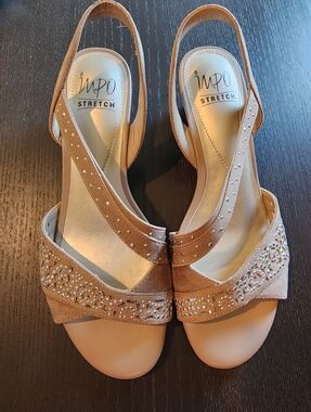 IMPO Stretch Women's Tan Slingback Sandals with Embellished Straps